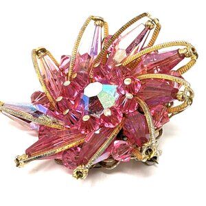 VTG MCM Pink AB Crystal Brooch Torpedo Bead Cluster Pinwheel Wired Layered